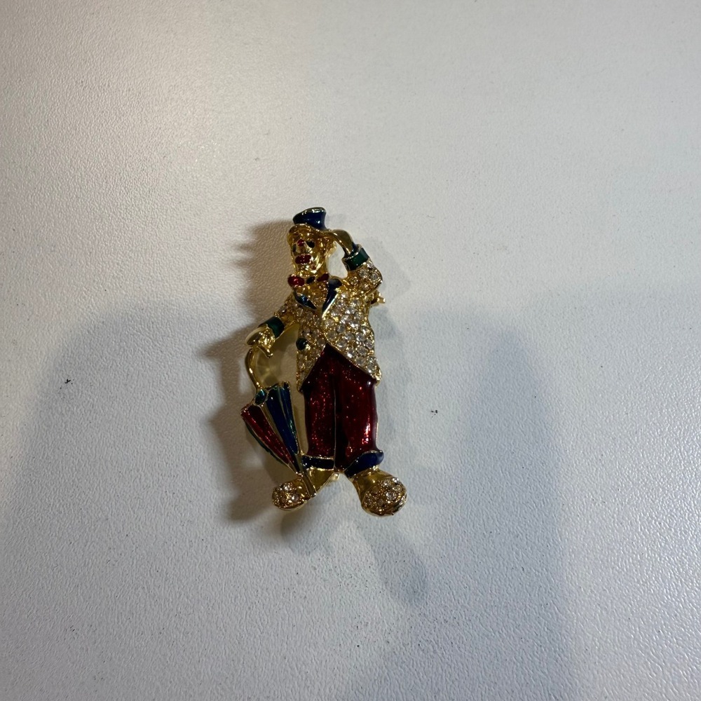Vintage Clown Brooch Gold Tone Enamel Rhinestone Umbrella‎ Circuscore Costume